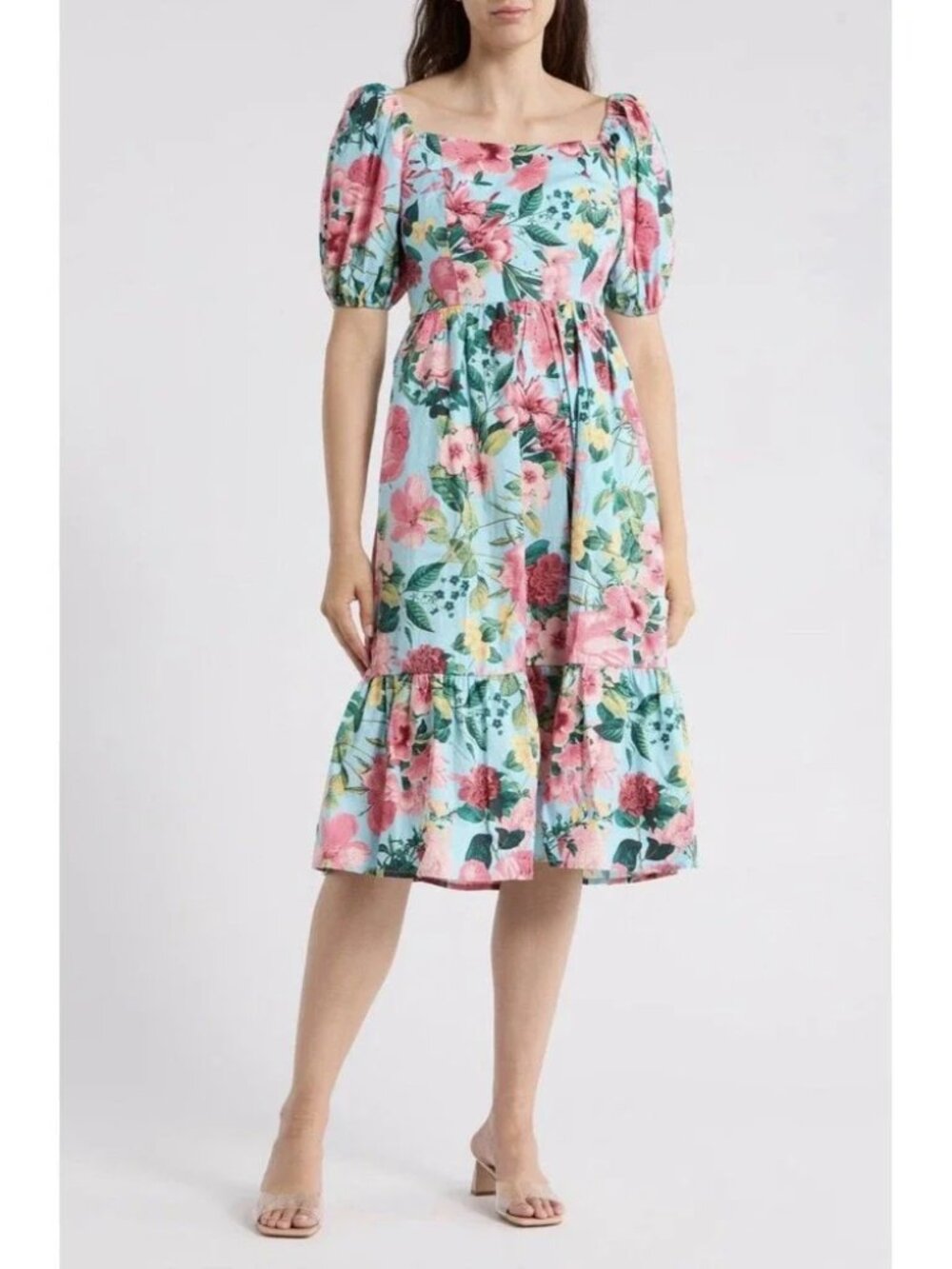 Eliza J Aqua Floral Puff Sleeve Flounce Midi Dress with Pockets back